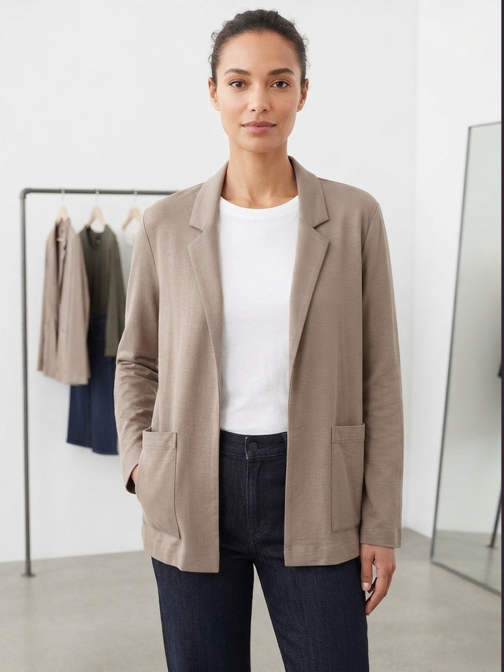 Eileen Fisher Organic Cotton Knit Open Blazer- Taupe- S- MSRP $268